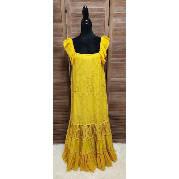 Anthropologie Payal Jain Fallon Eyelet Floral Maxi Dress Mustard Yellow Size 8 - Picture 2 of 9